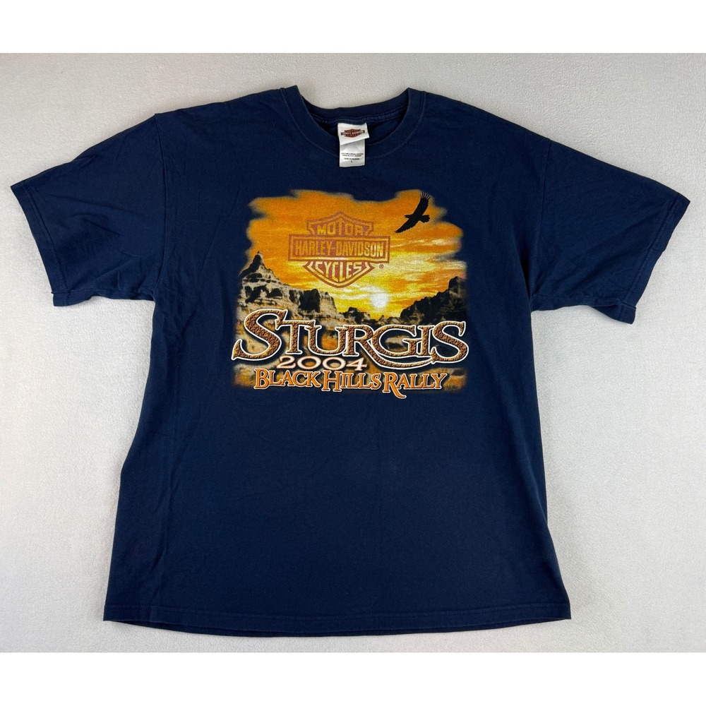 Harley-Davidson T-Shirt Mens Large Navy Sturgis 2004 Black Hills Rally Graphic‎
